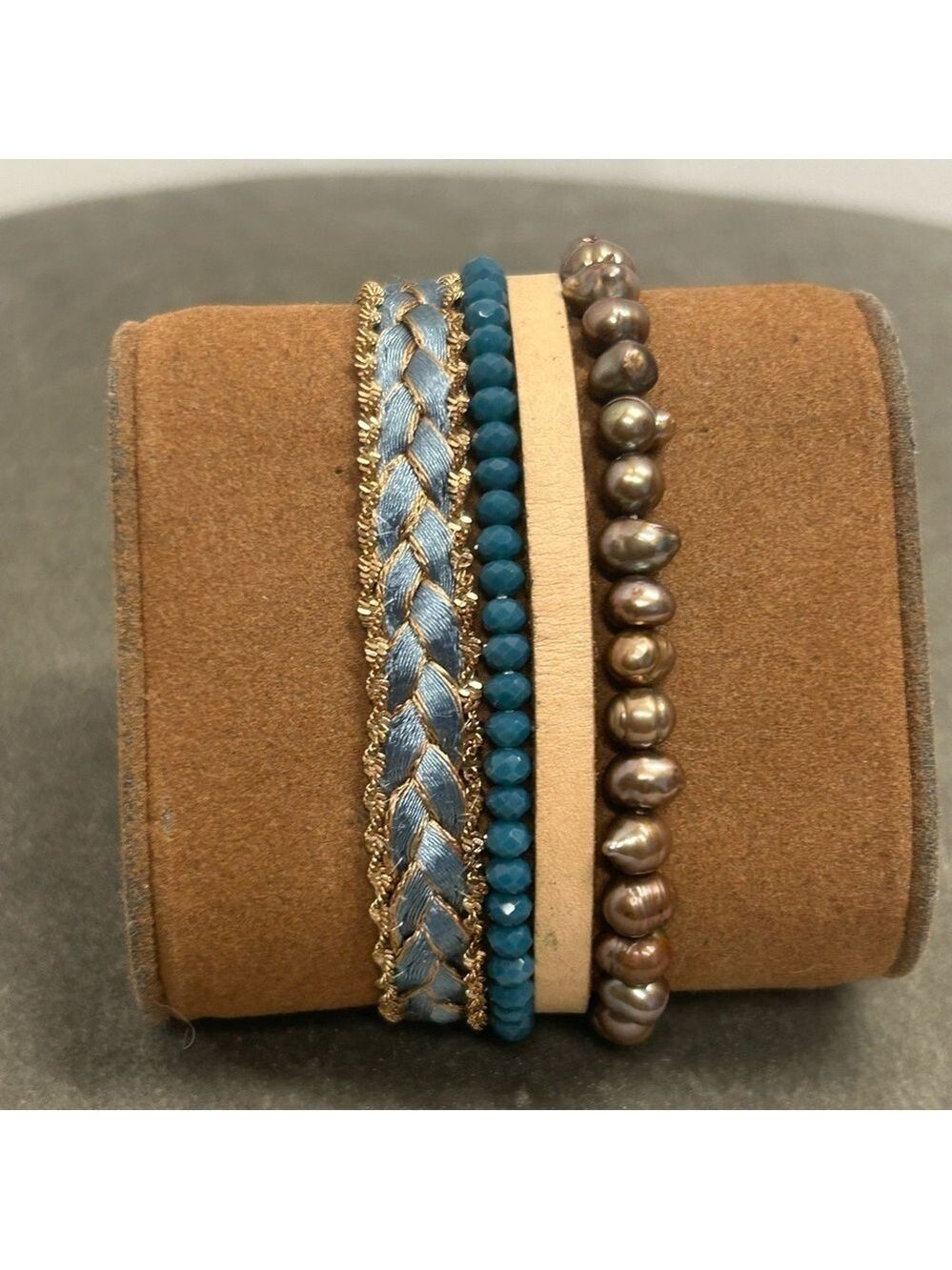 Victoria Emerson turquoise blue ribbon beaded bronze pearl multi strand bracelet
